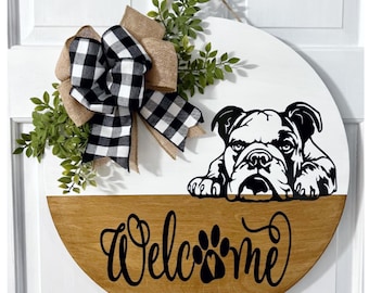 English Bulldog Welcome Sign: 18" Door Hanger