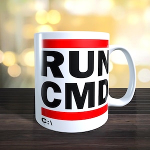 RUN CMD, retro computing mug. Image on both sides