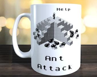 Ant Attack Mug, ZX Spectrum, Retro Gaming. Images on both sides.