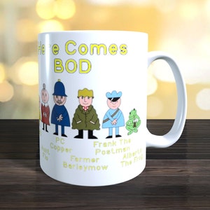 Bod Becher, hier kommt Bod, alle Charaktere, Retro British Kids TV. 2 Bilder, eins auf jeder Seite.