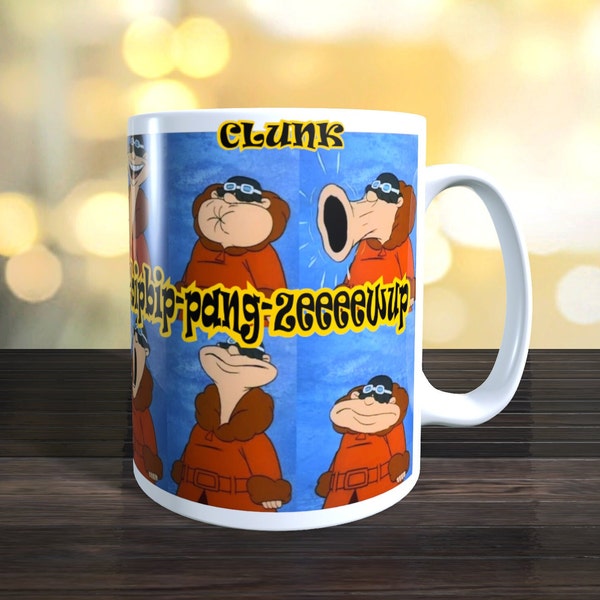 Clunk, Stop the pigeon, Wack Races, Retro Kids TV. Image wraps around mug