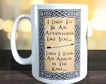 Skyrim Arrow in the knee Mug. Image on both sides.