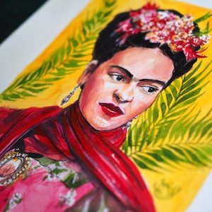 Frida in Red Scarf Original Watercolor One of a Kind Picture Framed in Plexi Glass Frida Inspired Art