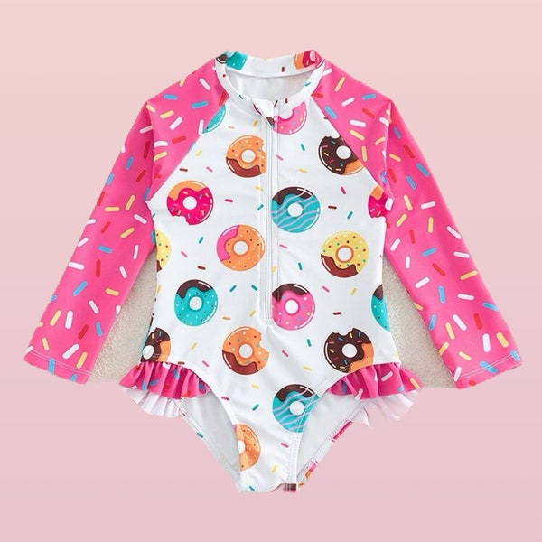 Toddler Girls Donuts print zipper front/One piece Swimsuit/Summer/Rash Guard Swimsuit/Girls