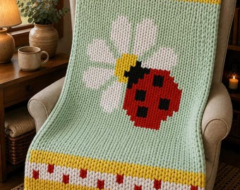 Ladybug Flower Chunky Blanket Pattern: Finger Knitting Tutorial (PDF Pattern)