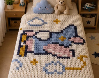 Airplane Chunky Baby Blanket Knitting Pattern PDF: Finger Knit DIY, Graph Design