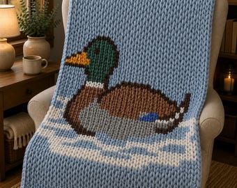 Blanket Knitting Pattern. Chunky Blanket Pattern Mallard Duck Finger Knitting : Good Easy DIY Tutorial (PDF)