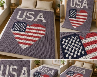 USA Patriotic Heart Chunky Blanket Pattern: Finger Knitting Tutorial (PDF Pattern)