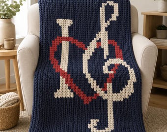 Treble Clef Chunky Knit Blanket Pattern, Music Heart Graph, Finger Knitting DIY Tutorial PDF, Piano Gift Design