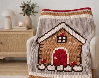 Gingerbread House Chunky Knit Blanket Pattern (PDF), Finger Knitting Chenille Throw Design