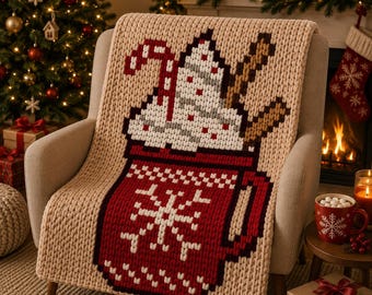 Christmas Mug Chunky Blanket Pattern: Finger Knitting Tutorial (PDF Pattern)
