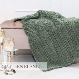 May include: A sage green pattern blanket with a thick, textured weave. The blanket is draped over a light pink ottoman. The text "PATTERN BLANKET" is displayed in white at the bottom of the image. Two silver candle holders are in the foreground.