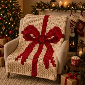 May include: A chunky knit throw blanket in cream with a large, bold red bow design draped over an armchair. The blanket features a thick, textured yarn construction with a prominent vertical and horizontal red stripe pattern forming a gift bow.