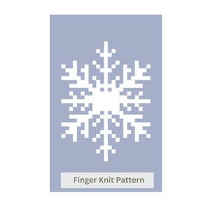 Puede incluir: Un gráfico rectangular de color azul claro con un diseño de copo de nieve pixelado en blanco centrado. Debajo del copo de nieve, una etiqueta rectangular horizontal blanca contiene el texto gris oscuro Finger Knit Pattern.