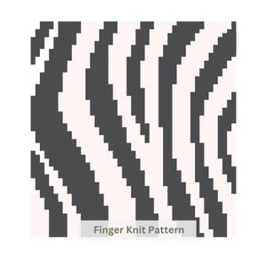 May include: A digital graphic featuring a repeating zebra-like stripe pattern in dark charcoal gray and off-white. The design consists of jagged, pixelated edges forming wavy lines across the surface. The text Finger Knit Pattern is visible.