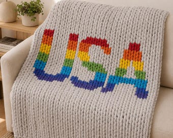 USA Rainbow Chunky Knit Blanket Pattern, Finger Knitting DIY Tutorial PDF, Graph, America Gift Design