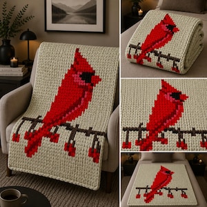 Puede incluir: Una manta de punto grueso en color crema con un gran gráfico de estilo pixelado de un pájaro cardenal rojo brillante posado sobre una rama marrón oscura con pequeñas bayas rojas. La manta tiene una construcción de hilo grueso.