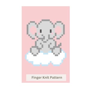 May include: A pixel art graphic on a light pink background featuring a grey elephant sitting on a white cloud with a light blue outline. Below the elephant, a white rectangular box contains the dark grey text Finger Knit Pattern.