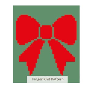 May include: A pixelated red bow graphic centered on a solid sage green background. Below the bow, a white rectangular label contains the dark gray text Finger Knit Pattern. The design features a blocky, digital aesthetic with sharp edges.