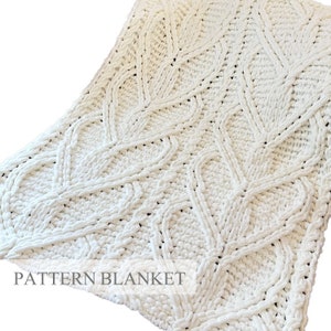 Puede incluir: Una manta de ganchillo blanca que presenta un patrón de hojas o enredaderas en relieve por toda la tela. El tejido tiene un aspecto suave y afelpado con intrincados puntos similares a trenzas que forman el diseño botánico. El texto PATTERN BLANKET es visible.