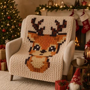 May include: A chunky knit throw blanket featuring a pixelated deer design in shades of orange, cream, and dark brown. The blanket is draped over a light-colored armchair, showcasing a thick, textured yarn construction with a repeating animal motif.