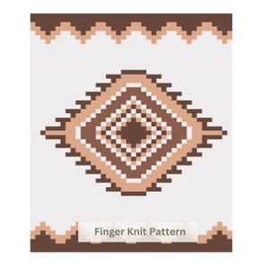 May include: A digital graphic displaying a pixelated diamond motif in shades of dark brown, light tan, and white against a light gray background. The design features a repeating zigzag border at the top and bottom with the text Finger Knit Pattern.