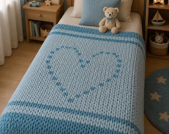 Blue Heart Valentine Chunky Knit Blanket Pattern: Finger Knitting DIY (PDF Pattern)