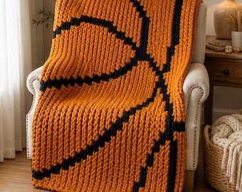 Basketball Chunky Blanket Pattern. Finger Knitting Graph. Good Easy Thick Yarn Knit Pattern