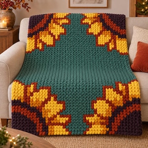 May include: A chunky knit throw blanket featuring a large-scale geometric pattern in teal, bright yellow, orange, and deep purple. The blanket is constructed with thick, oversized yarn stitches, creating a textured surface that covers the sofa.