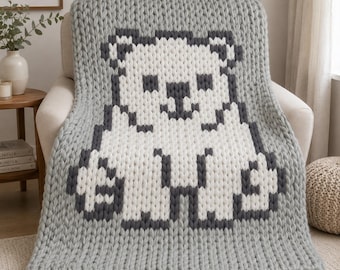 Polar Bear Finger Knit Pattern, Chunky Yarn Graph, Nursery Blanket Design, Winter Animal Chart, DIY Handmade Gift