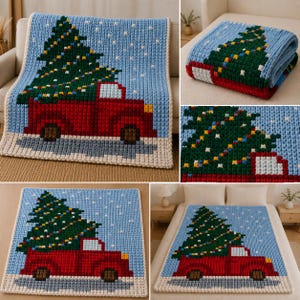 May include: A chunky knit throw blanket featuring a pixelated design of a red pickup truck carrying a green Christmas tree. The background is light blue with white dots representing falling snow, and the bottom edge shows a white snowy ground.