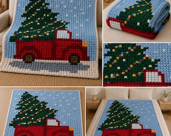 Finger Knitting Car with Christmas Tree Chunky Blanket Pattern: Easy DIY Tutorial (PDF)