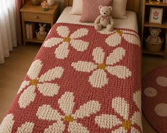 Floral Chunky Knit Blanket Pattern, Easy Finger Knitting Tutorial (PDF Download)