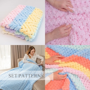 May include: A set of four crochet blanket patterns featuring a chevron stitch in pastel colors. The patterns include pink, blue, yellow, and light green.