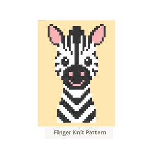 May include: A pixel art illustration of a zebra head against a light yellow background. The zebra features black and white stripes, pink inner ears, and a pink nose. Below the graphic, the text Finger Knit Pattern is printed in grey.