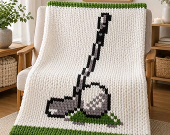 Golf Chunky Blanket Pattern, Golfer Gift, Finger Knitting Tutorial, Sports Throw Graph, Clubhouse Decor, DIY PDF