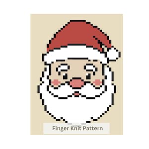 Op de afbeelding: Een pixel art afbeelding van de Kerstman met een rode muts met witte rand, een witte baard, een perzikkleurig gezicht en roze wangen. Het ontwerp bevat een kleine witte pompon op de muts en de tekst Finger Knit Pattern onderaan.