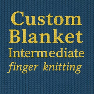 May include: A blue background with a knitted texture. The text "Custom Blanket" is in yellow, with "Intermediate finger knitting" below it. The text is in a bold, textured font.