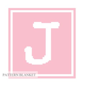 May include: A pink square with a white border and a white letter J in the center. The text "PATTERN BLANKET" is below the square.