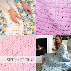 Puede incluir: Cuatro patrones de manta de punto diferentes en hilo rosa, blanco, azul y multicolor. El texto "SET PATTERNS" se muestra en la parte inferior de la imagen.