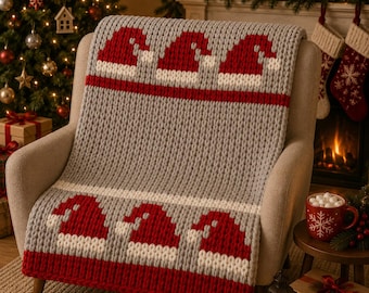 Blanket Knitting Pattern. Chunky Blanket Pattern Santa Hats Finger Knitting : Good Easy DIY Tutorial (PDF)