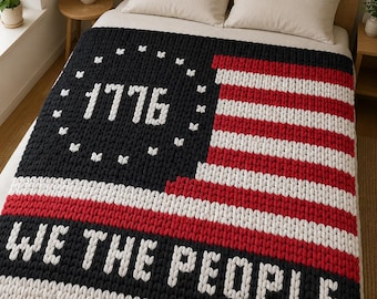 1776 American Flag Chunky Knit Blanket Pattern. Finger Knitting Pattern: Easy DIY Tutorial PDF Download