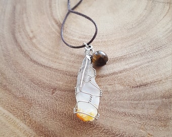 Citrine Raw Gemstone Necklace with Feather Charm