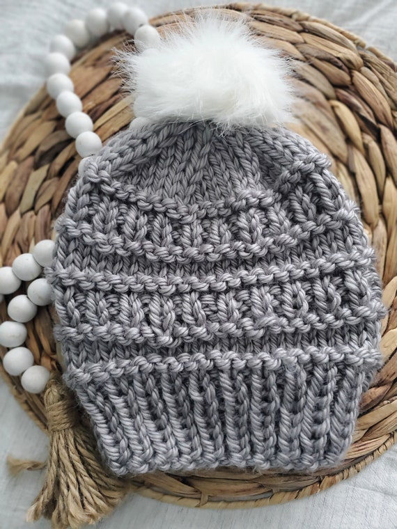 Boutique Knit Beanie with Pom Pom - Gray and Cream, Adult Organic Big Pompom Beanie main image 2