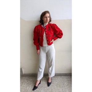 Very rare vintage authentic Lanz Cardigan with gorgeous knitting pattern, hand embroidered flowers and giant mutton sleeves