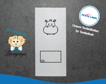 Textile labels with hippopotamus motif and size field for labeling yourself, from 25 pieces of textile label cut for folding M101 labels