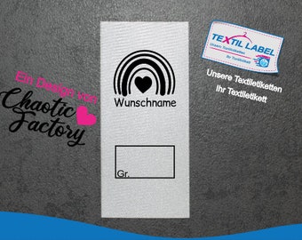 Etiquetas textiles con motivo de arco iris y campo de tamaño para rotular usted mismo, a partir de 25 unidades de etiquetas textiles cortadas para etiquetas plegables S001