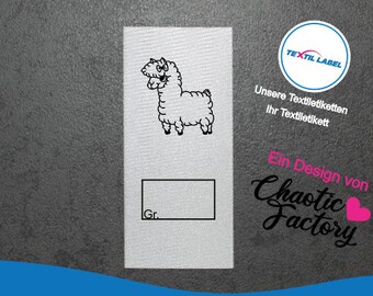 Etiquetas textiles con motivo de alpaca femenina y campo de tallas para rotular usted mismo, a partir de 25 unidades de etiquetas textiles cortadas para plegar etiquetas M091