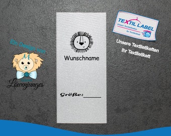 Textiletiketten mit Löwen Motiv und Größenfeld zum selbst beschriften, Labels personalisiert Textil Etikett geschnitten zum falten S018