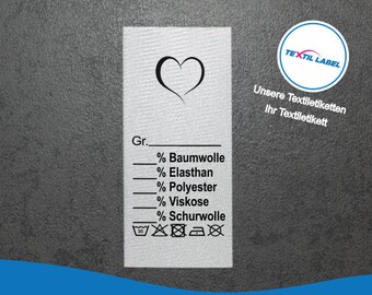 Etiquetas textiles con motivo de corazón y campo de tallas para rotular usted mismo, a partir de 25 unidades de etiquetas textiles cortadas para etiquetas plegables U008